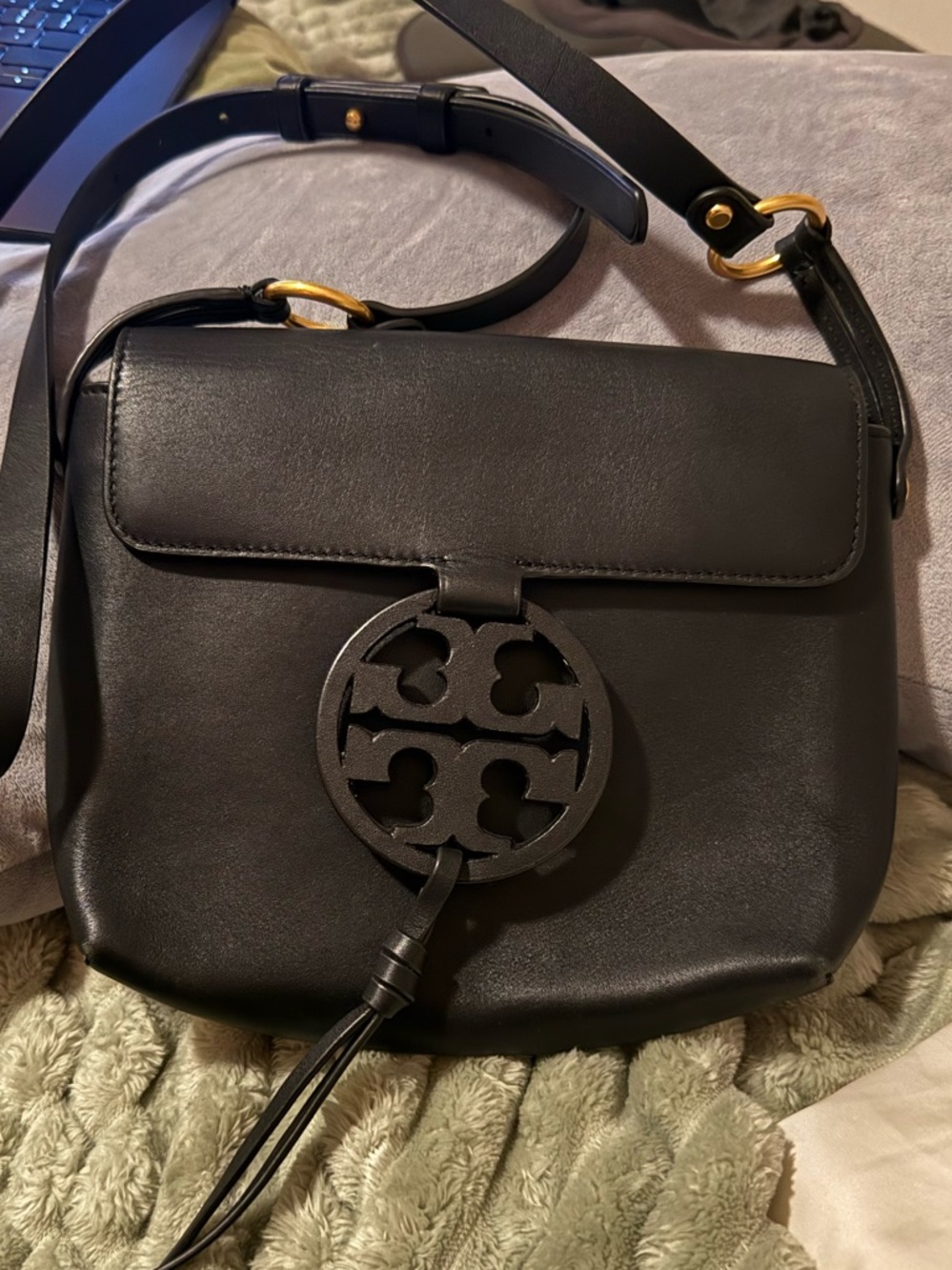 Tory Burch Black Leather Logo Medallion Shoulder Crossbody
